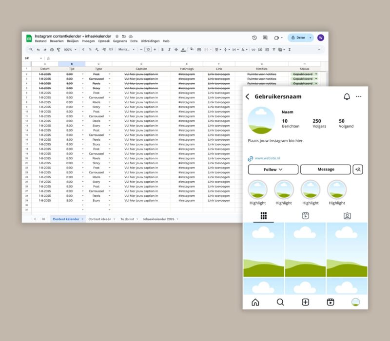Instagram set van contentkalender en Instagram mockups